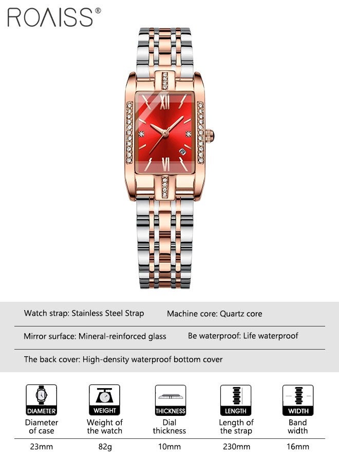 Women's Steel Strap Quartz Watch Analog Display Rectangle Red Dial with Zirconium Diamond Decorated Bezel Waterproof Luxurious Wristwatch as Gift for Ladies