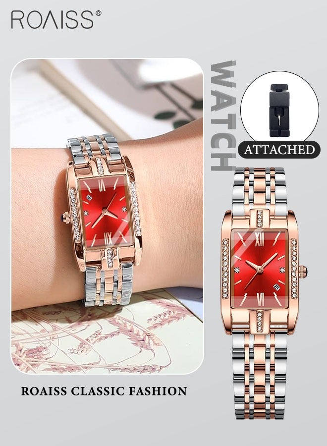 Women's Steel Strap Quartz Watch Analog Display Rectangle Red Dial with Zirconium Diamond Decorated Bezel Waterproof Luxurious Wristwatch as Gift for Ladies