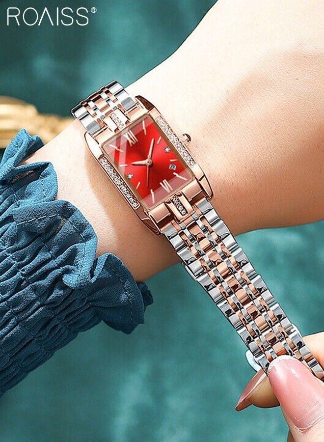 Women's Steel Strap Quartz Watch Analog Display Rectangle Red Dial with Zirconium Diamond Decorated Bezel Waterproof Luxurious Wristwatch as Gift for Ladies