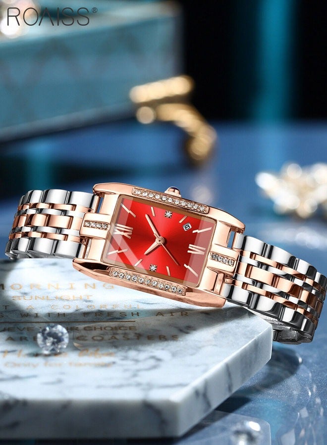 Women's Steel Strap Quartz Watch Analog Display Rectangle Red Dial with Zirconium Diamond Decorated Bezel Waterproof Luxurious Wristwatch as Gift for Ladies