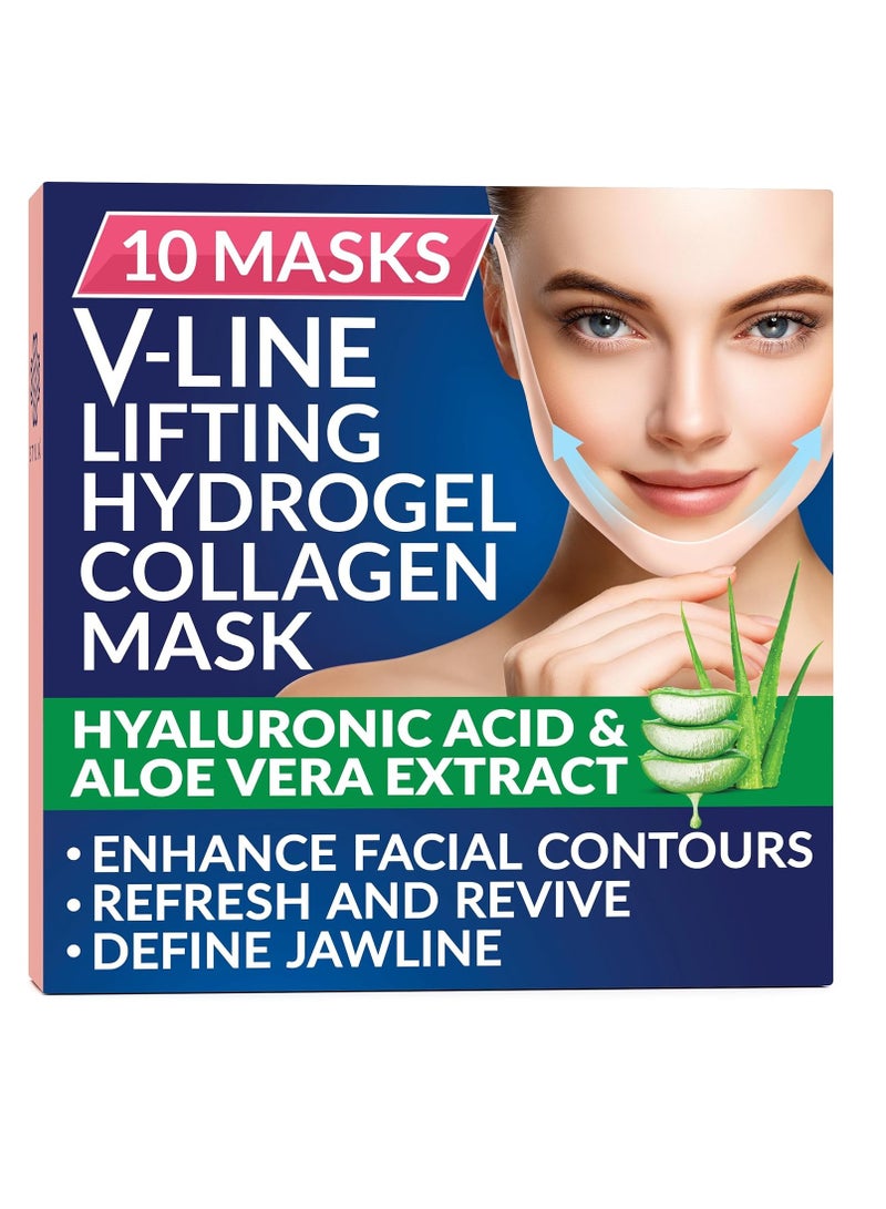 Stylia Double Chin Mask - V Line Chin Strap - Toning Hydrogel Collagen Face Mask with Hyaluronic Acid & Aloe Vera - 10PC