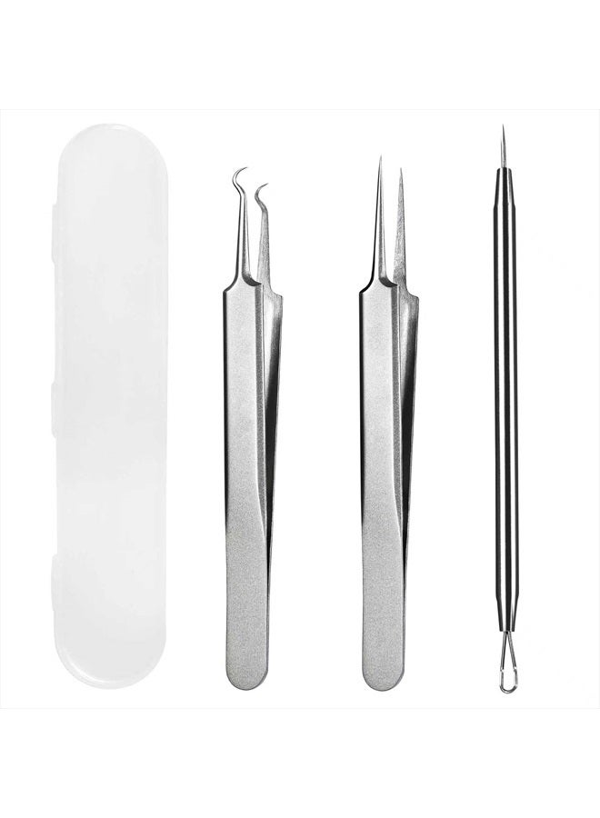 Blackhead Tweezers, Pimple Popper Tool Kit, Comedone Extractor, 3 in 1 Professional Stainless Skin Zit Acne Blemish Whitehead Popping Removing Surgical Tools Set, Silver