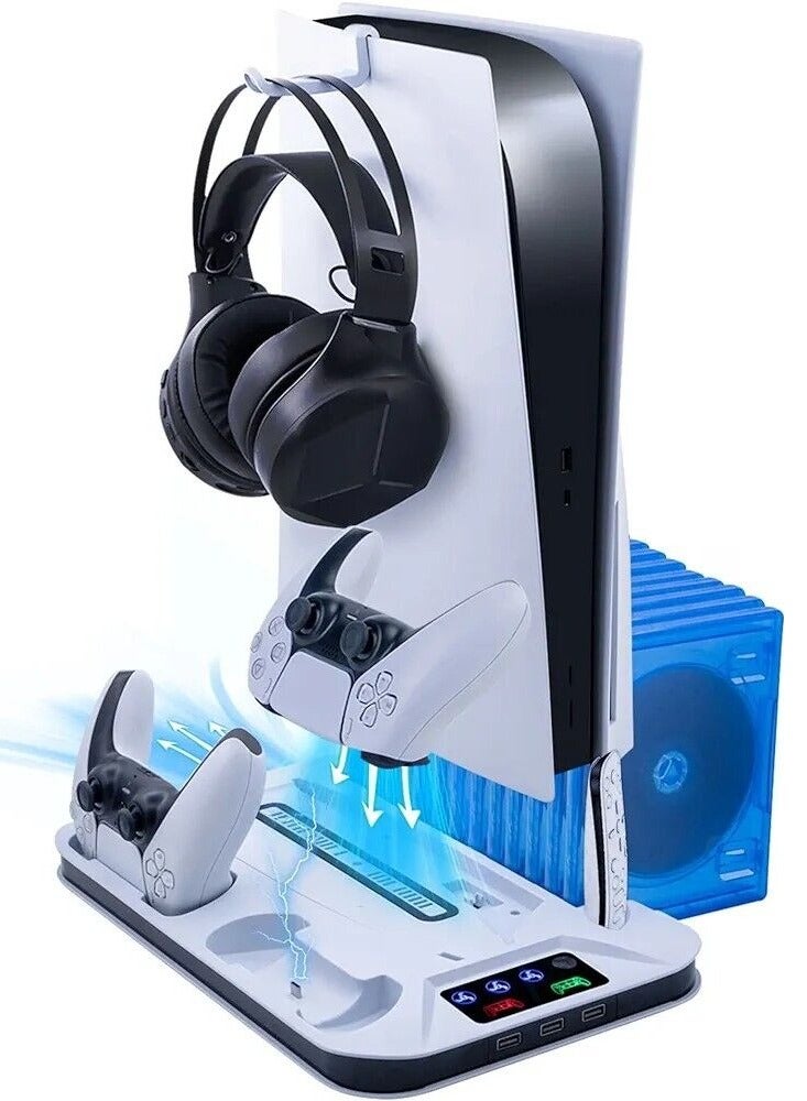 PS5 Stand with Cooling Station and Dual Controller Charging Station for PS5 Digital Edition, PS5 Cooling Fan with Headset Holder and 3 Adjustable Fan Speeds
