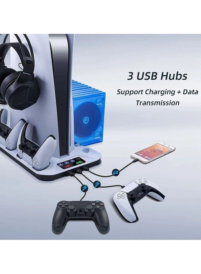 PS5 Stand with Cooling Station and Dual Controller Charging Station for PS5 Digital Edition, PS5 Cooling Fan with Headset Holder and 3 Adjustable Fan Speeds