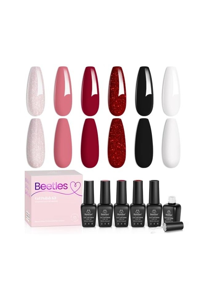 Beetles Gel Nail Polish Kit, 6 Colors Queen of Hearts Collection Nude Pink Red Black White Glitter Gel Polish Rose Golden Black White Gel Nail Polish Soak Off Uv Lamp Cured DIY Home Manicure