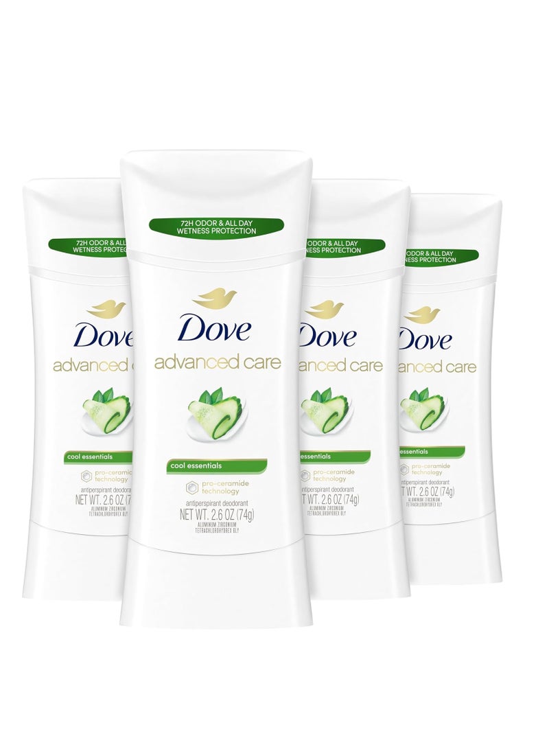 Dove Advanced Care Antiperspirant Deodorant Stick Cool Essentials 4 ct for helping your skin barrier repair after shaving 72 hour odor control and sweat protection with Pro Ceramide Technology 2.6 oz