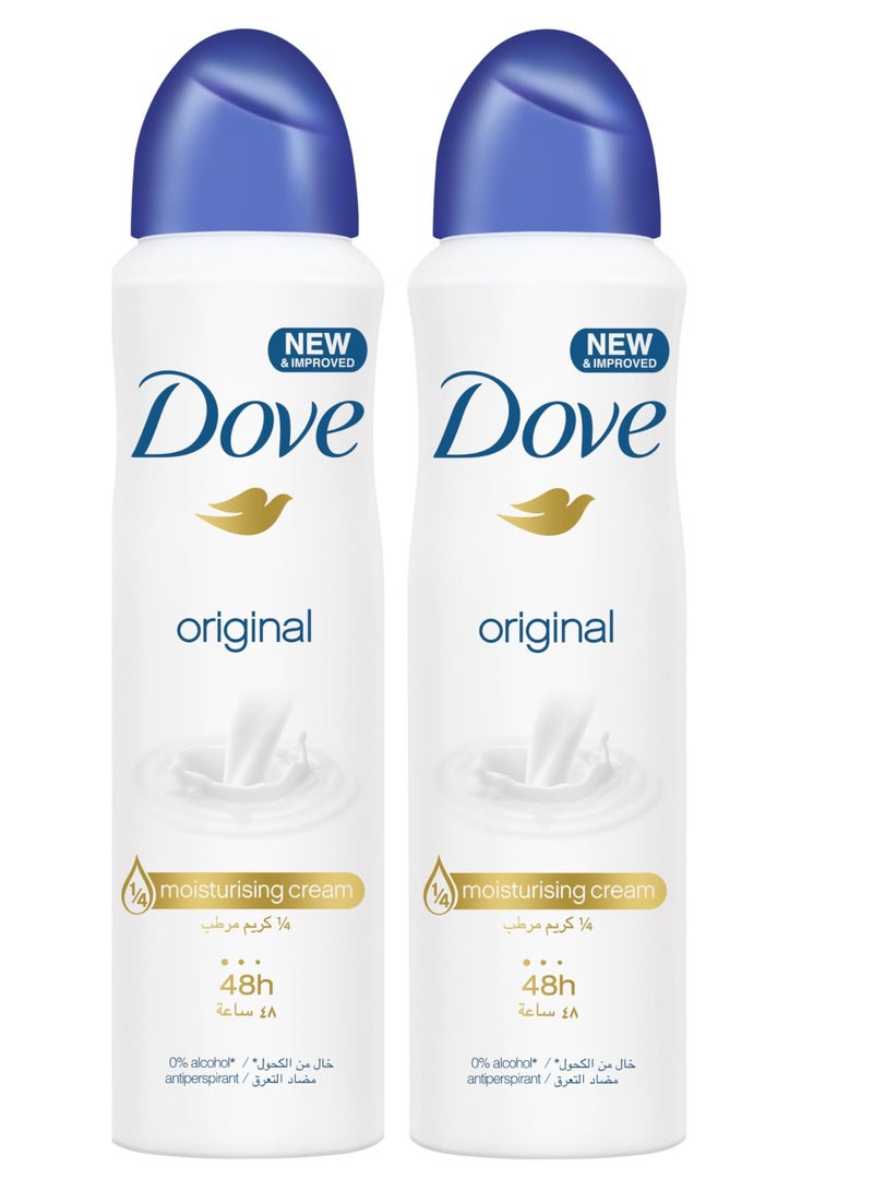 Pack of 2 DOVE Women Antiperspirant Deodorant Spray, for refreshing 48 hour protection Original alcohol free with moisturising cream 150ml