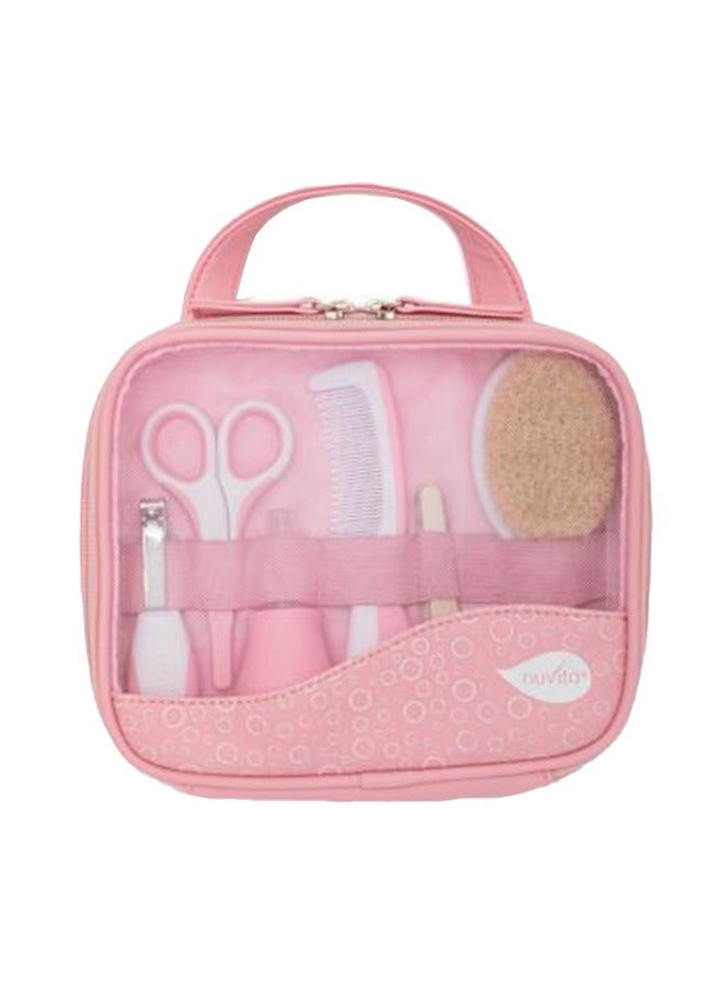Essential Baby Care Kit - Nasal Aspirator, Small Scissors With Rounded Tips, Nail Clippers, Nail Files, Brush And Comb - Pink