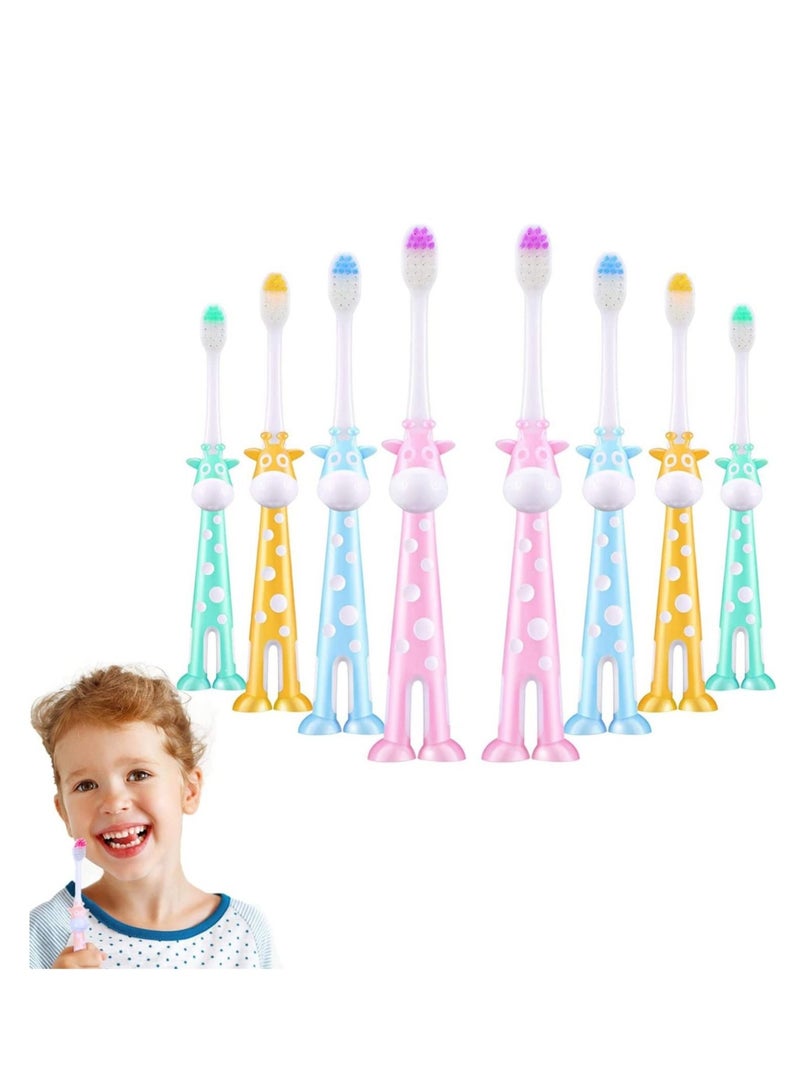 Kids Toothbrush, 8 Pieces Cartoon Children  Deer Design Extra Soft with Suction Cup for Boys and Girls 2 to 8 Years Old, 4 Colors for Fun & Easy Storage