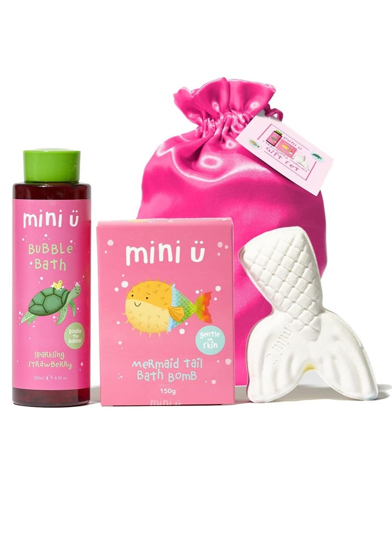 Strawberry Mermaid Gift Set - Bubble Bath & Bath Bomb - Suitable for Kids & Baby from Newborn - Vegan & Cruelty Free