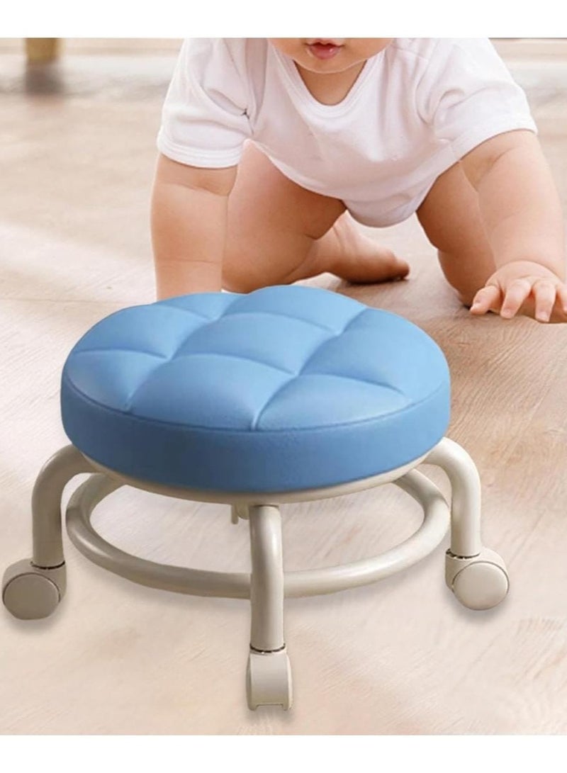 Household Rolling Stool Round Pulley Low Stool Household Pu Leather Rolling Stool 360° Universal Wheel Movable Soft Stool Small Changing Shoe Stool