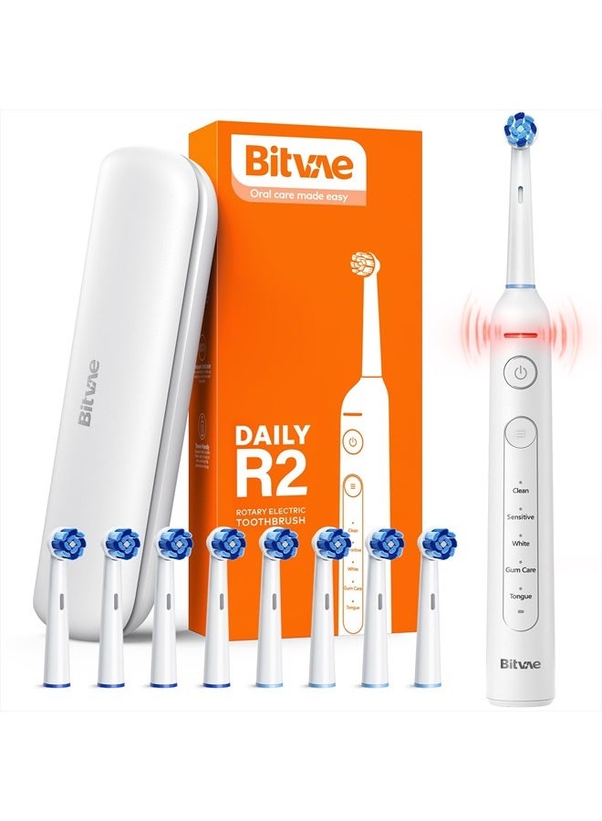 R2 Rotating Electric Toothbrush for Adults with 8 Brush Heads, 5 Modes Rechargeable Power Toothbrush with Pressure Sensor, White