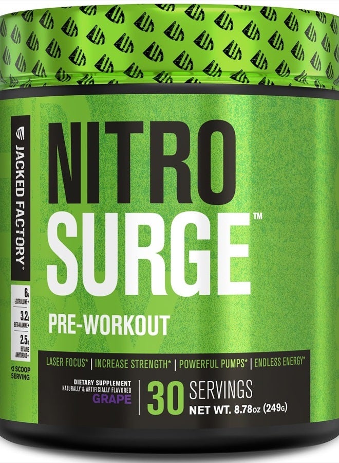 NITROSURGE Pre Workout Supplement - Endless Energy, Instant Strength Gains, Clear Focus, Intense Pumps - Nitric Oxide Booster & Powerful Preworkout Energy Powder - 30 Servings, Grape