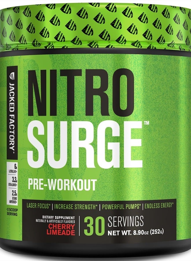 NITROSURGE Pre Workout Supplement - Endless Energy, Instant Strength Gains, Clear Focus, Intense Pumps - NO Booster & Preworkout Powder with Beta Alanine - 30 Servings, Cherry Limeade