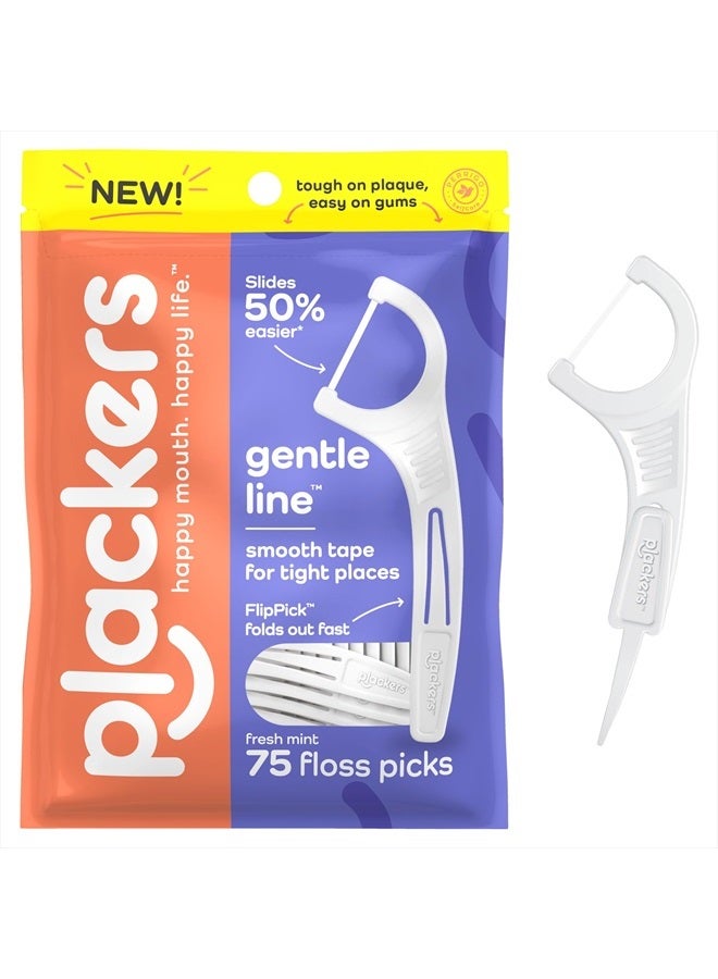 Gentle Line Floss Picks, Fresh Mint Flavor, Fold-Out FlipPick, QuickFix Grip, Easy Storage with Sure-Zip Seal, 75 Count
