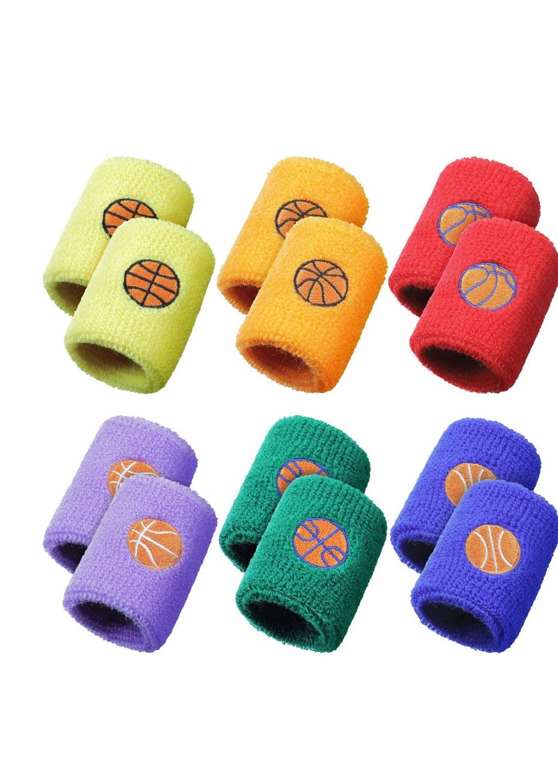 Sports Wristbands for Kids, Colorful Wrist Sweatbands Cotton Terry Cloth with 6 Basketball Design School Students Teacher Party Birthday Favors (6 Colors 12 Pcs)