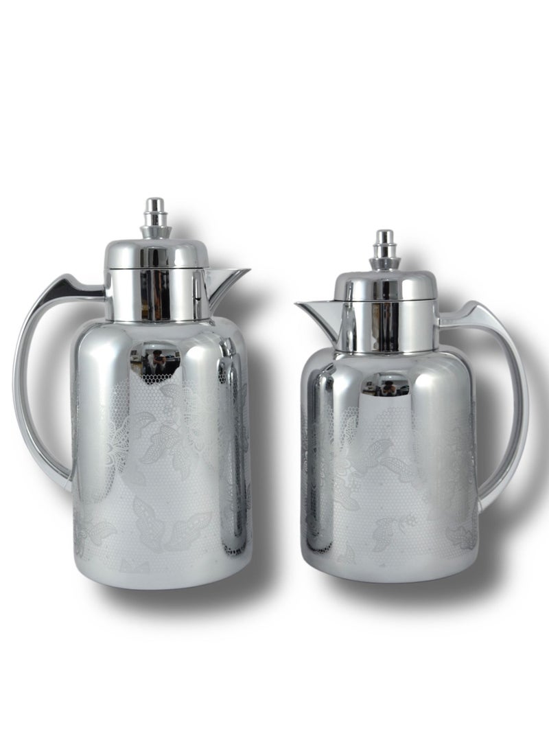 2-Piece Tea & Coffee Flask - 0.7 Liter & 1 Liter Capacity - Glass Inner - ABS Body - Silver