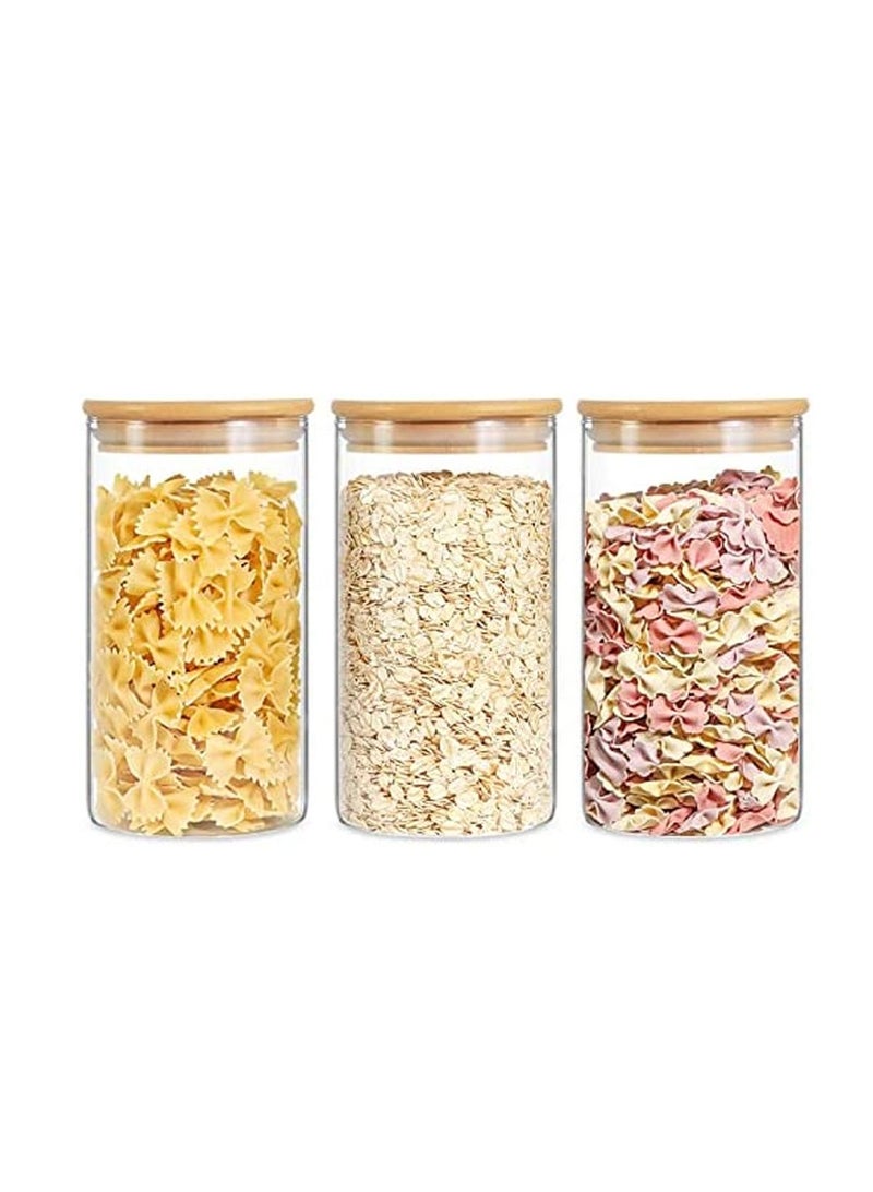 Glass Food Storage Containers Set Spice Jar Set 3 Piece Glass Jar with Bamboo Airtight Lids and Labels Mini Clear Food Storage Containers for Pantry for Tea Herbs Sugar (3PC 1400ml)