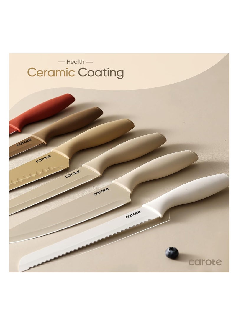 CAROTE 12 Pieces Kitchen Knife Set, Stainless Steel Knife Set With Nonstick Creamic Coating,Dishwasher Safe with 6 Blade Guards, Rustproof, Brown