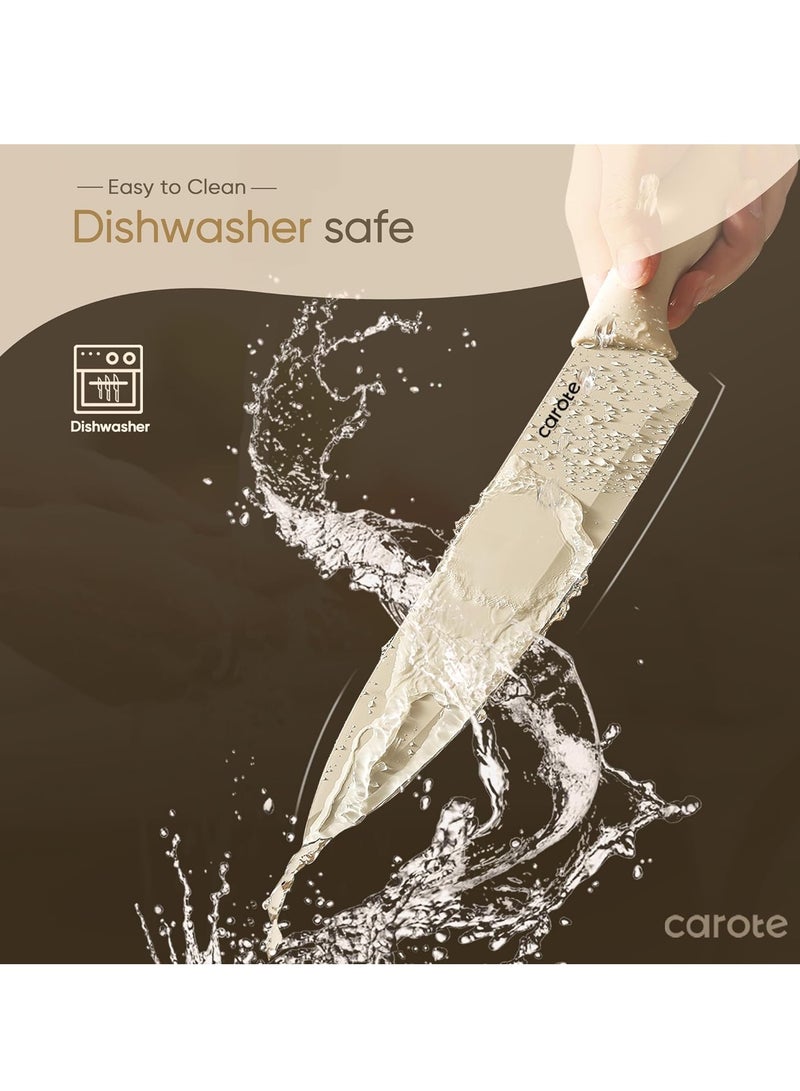 CAROTE 12 Pieces Kitchen Knife Set, Stainless Steel Knife Set With Nonstick Creamic Coating,Dishwasher Safe with 6 Blade Guards, Rustproof, Brown