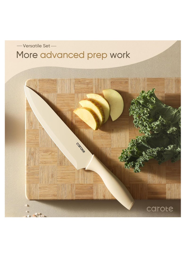 CAROTE 12 Pieces Kitchen Knife Set, Stainless Steel Knife Set With Nonstick Creamic Coating,Dishwasher Safe with 6 Blade Guards, Rustproof, Brown