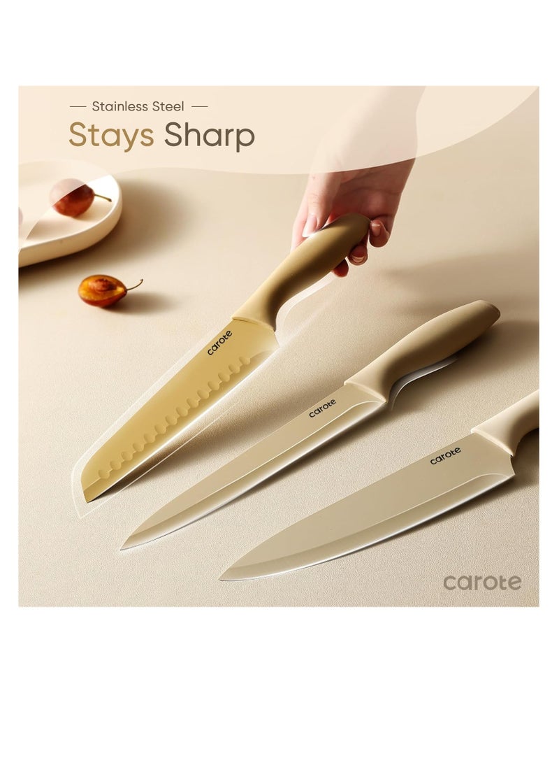 CAROTE 12 Pieces Kitchen Knife Set, Stainless Steel Knife Set With Nonstick Creamic Coating,Dishwasher Safe with 6 Blade Guards, Rustproof, Brown