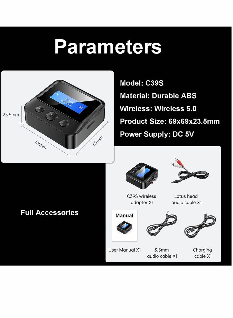 Bluetooth Transmitter, 2-in-1 Transmitter Receiver, 5.0 Audio Adapter, Support 3.5mm RCA TF Card for TV PC Speaker Headset Car
