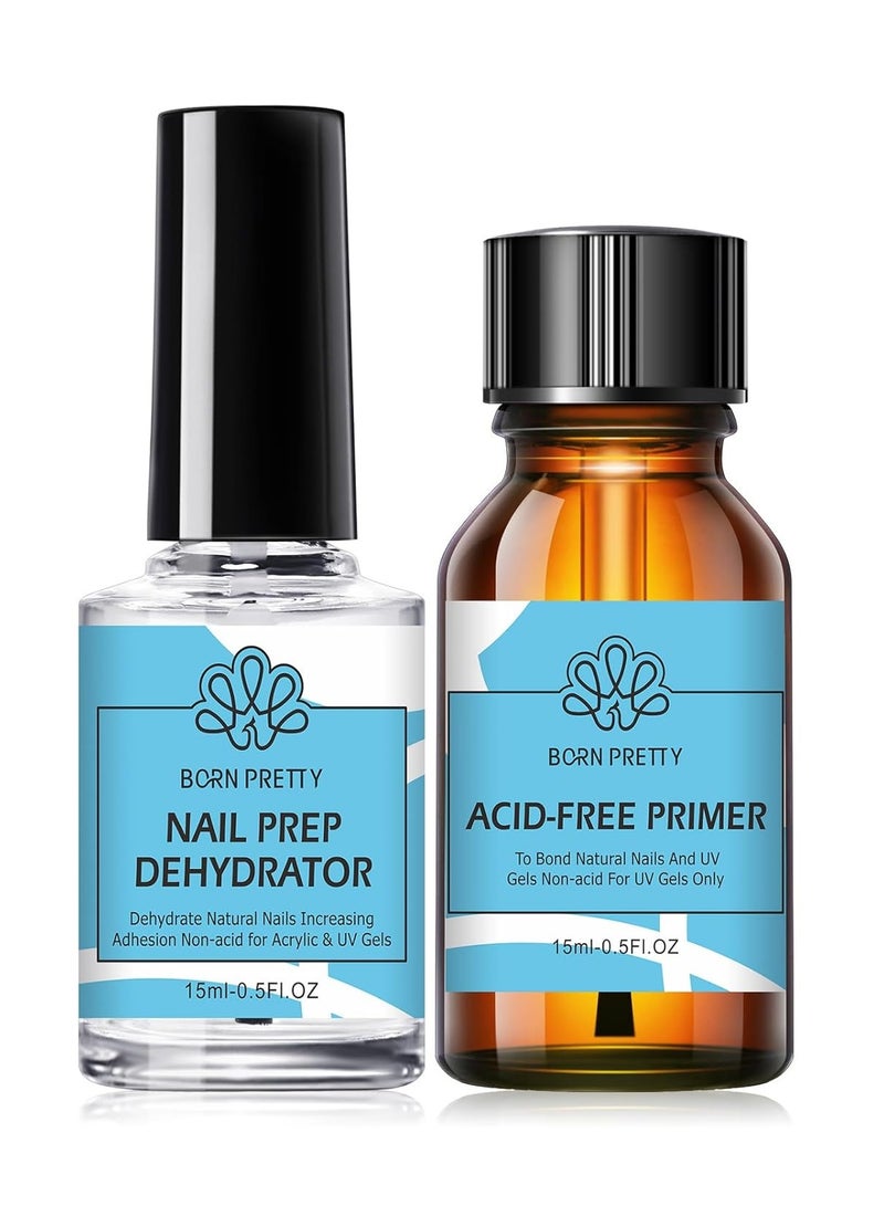 BORN PRETTY Natural Nail Prep Dehydrate and Bond Primer Acid-Free,15ml Dehydrator for Acrylic and Gel Nail Polish, Non Acid Primer for UV Gels Fast Dry Superior Bonding Agent Gift Box Set