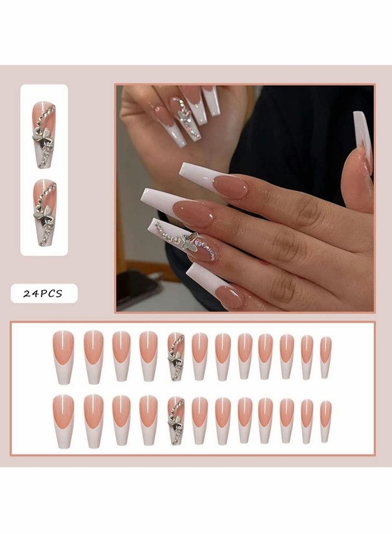 Press on Nails, Ballet French White Glow Butterfly Long Manicure, Artificial Acrylic Fake Nails Nail Art Accessories for Ladies and Girls (24 Pcs)