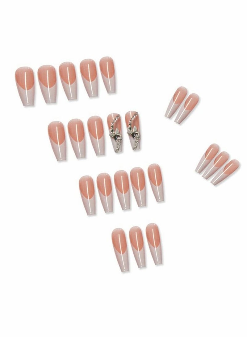Press on Nails, Ballet French White Glow Butterfly Long Manicure, Artificial Acrylic Fake Nails Nail Art Accessories for Ladies and Girls (24 Pcs)