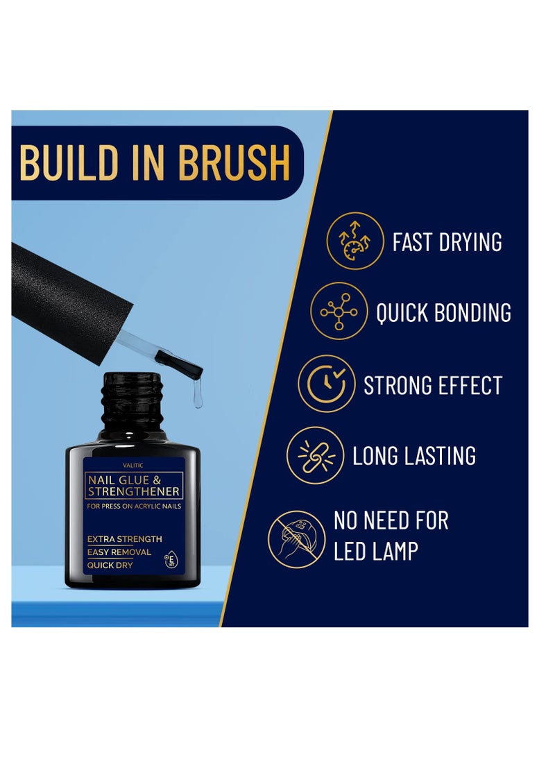 Valitic Strong Nail Glue and Strengthener for Acrylic and Press On Nails - Quick Dry Brush On Gel for Long Lasting Effect - Adhesive Nail Bond for False Nails with Tips Strengthener - 3 PACK