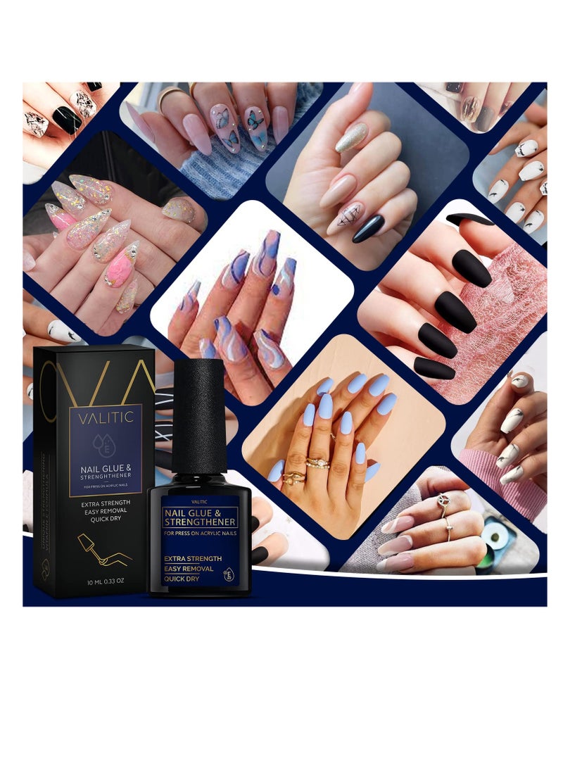 Valitic Strong Nail Glue and Strengthener for Acrylic and Press On Nails - Quick Dry Brush On Gel for Long Lasting Effect - Adhesive Nail Bond for False Nails with Tips Strengthener - 3 PACK