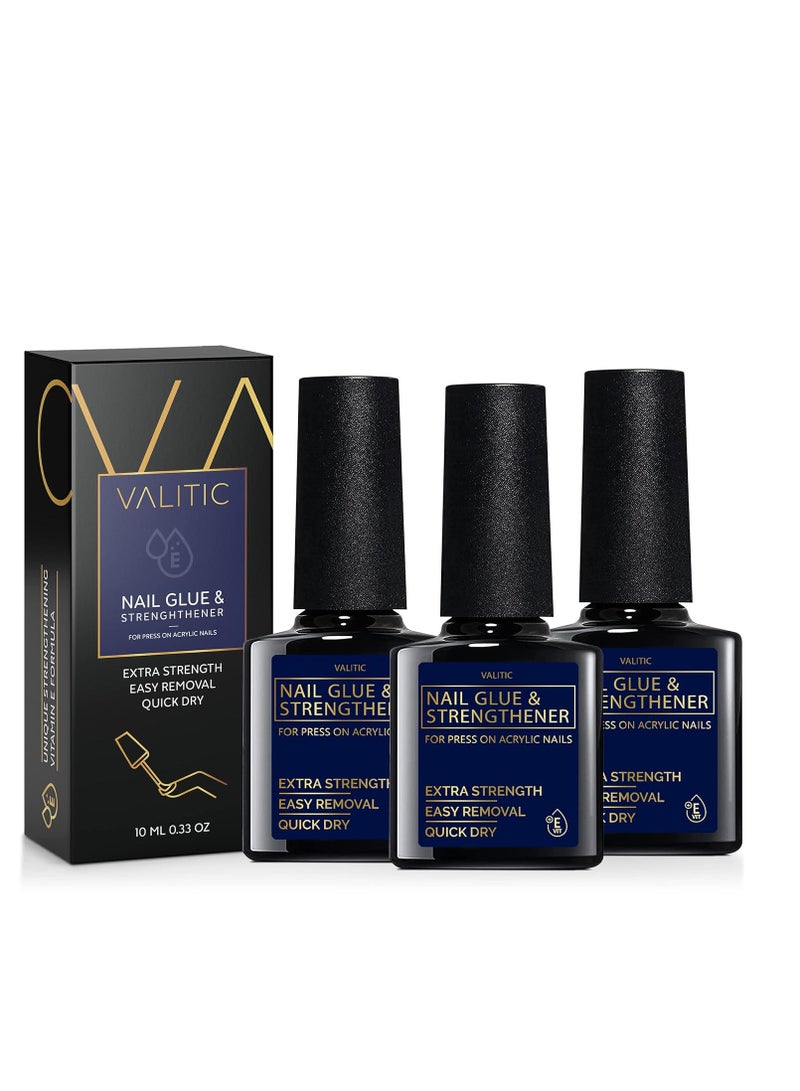 Valitic Nail Glue and Strengthener for Acrylic and Press On Nails - Quick Dry Brush On Nail Gel for Long Lasting Nails - Adhesive Nail Bond for False Nails - Nail Strengthener for Nail Tips - 3 Pack