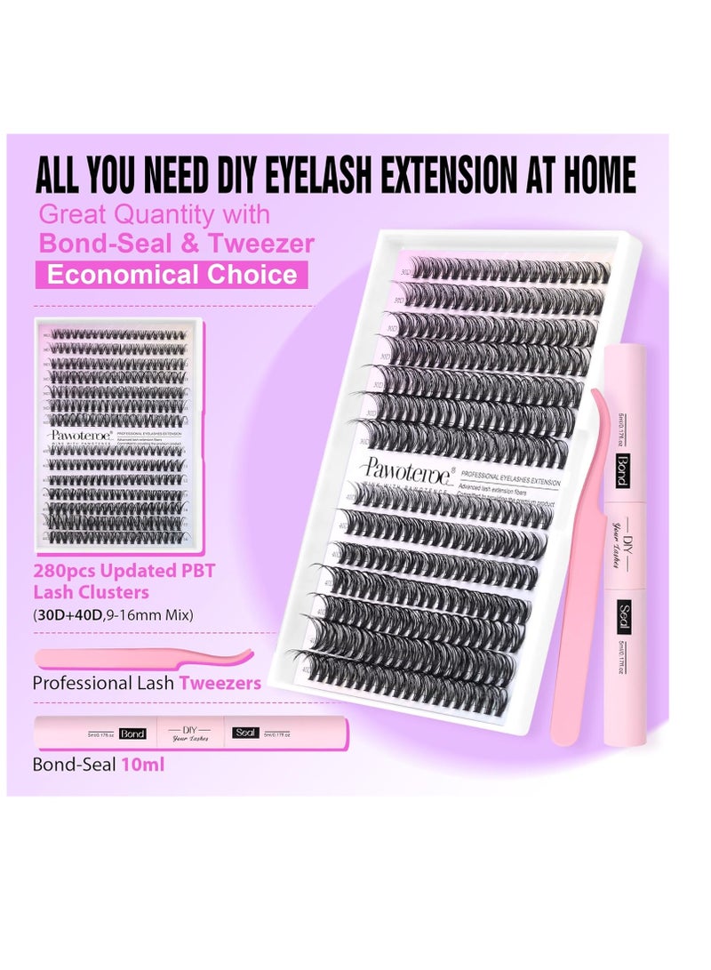 Pawotence Lash Extension Kit DIY 280pcs Lash Clusters Eyelash Extension Kit, 9-16mm 30D 40D Individual Lashes Kit with Lash Bond and Seal, Lash Tweezers for Self Use (30D&40D, 0.07D, 9-16mm, Kit)