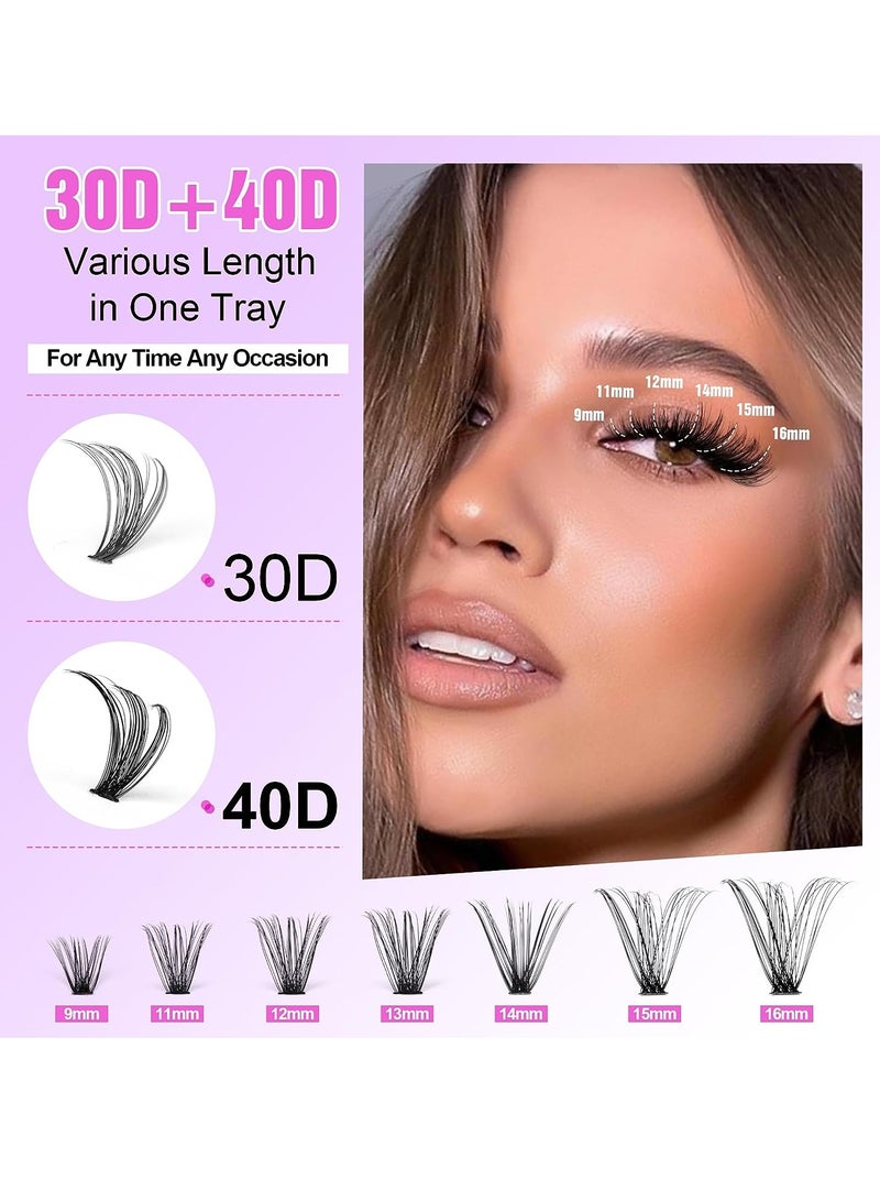 Pawotence Lash Extension Kit DIY 280pcs Lash Clusters Eyelash Extension Kit, 9-16mm 30D 40D Individual Lashes Kit with Lash Bond and Seal, Lash Tweezers for Self Use (30D&40D, 0.07D, 9-16mm, Kit)