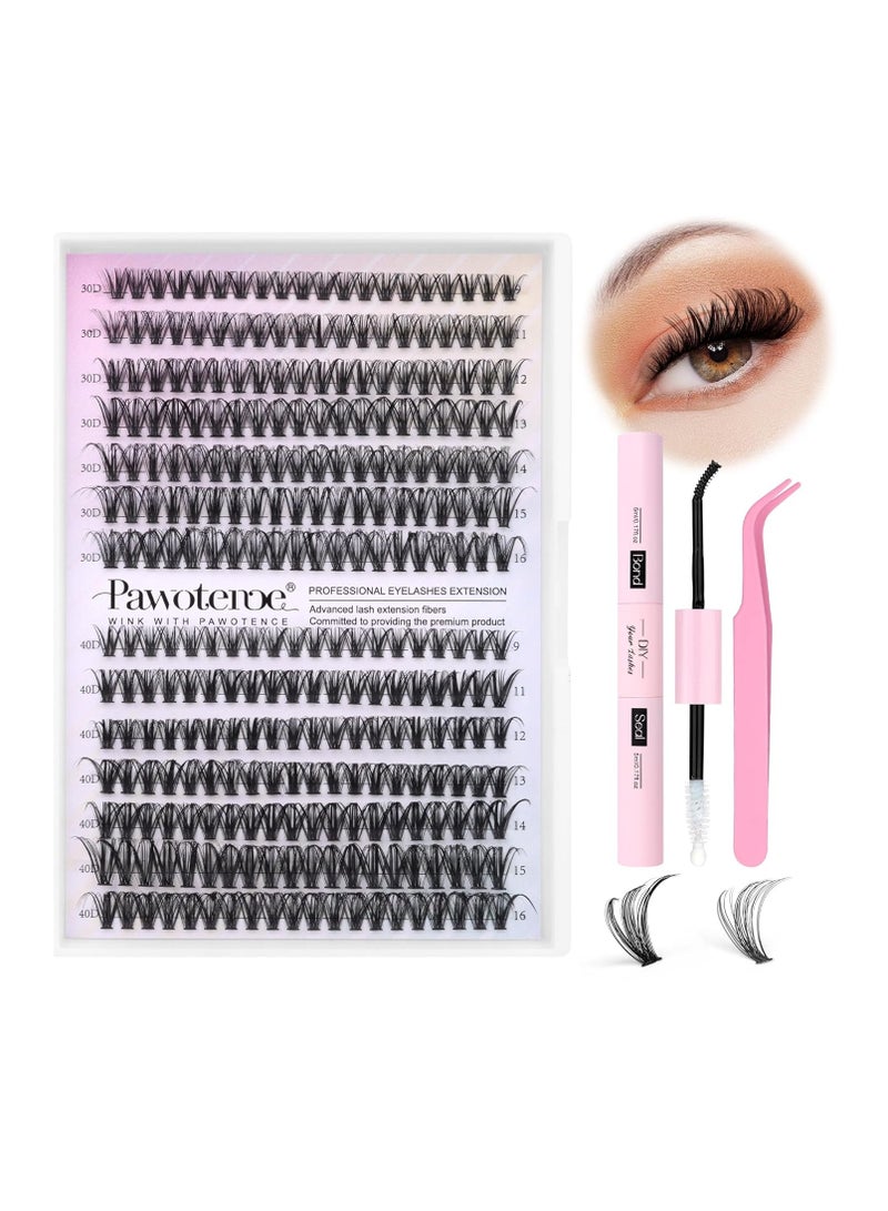 Pawotence Lash Extension Kit DIY 280pcs Lash Clusters Eyelash Extension Kit, 9-16mm Mix 30D 40D Curl Individual Lashes Kit with Lash Bond and Seal Lash Tweezers for Self Use(30D&40D-0.07D-9-16MIX KIT)