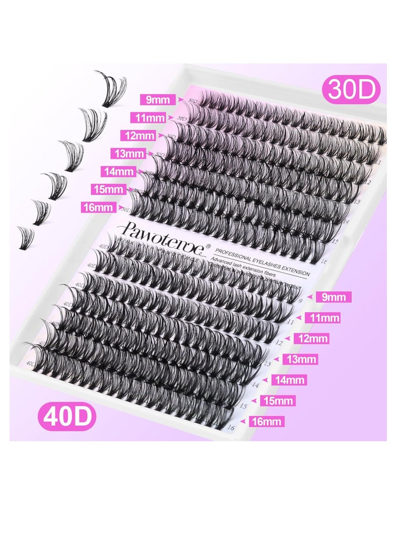 Pawotence Lash Extension Kit DIY 280pcs Lash Clusters Eyelash Extension Kit, 9-16mm 30D 40D Individual Lashes Kit with Lash Bond and Seal, Lash Tweezers for Self Use (30D&40D, 0.07D, 9-16mm, Kit)