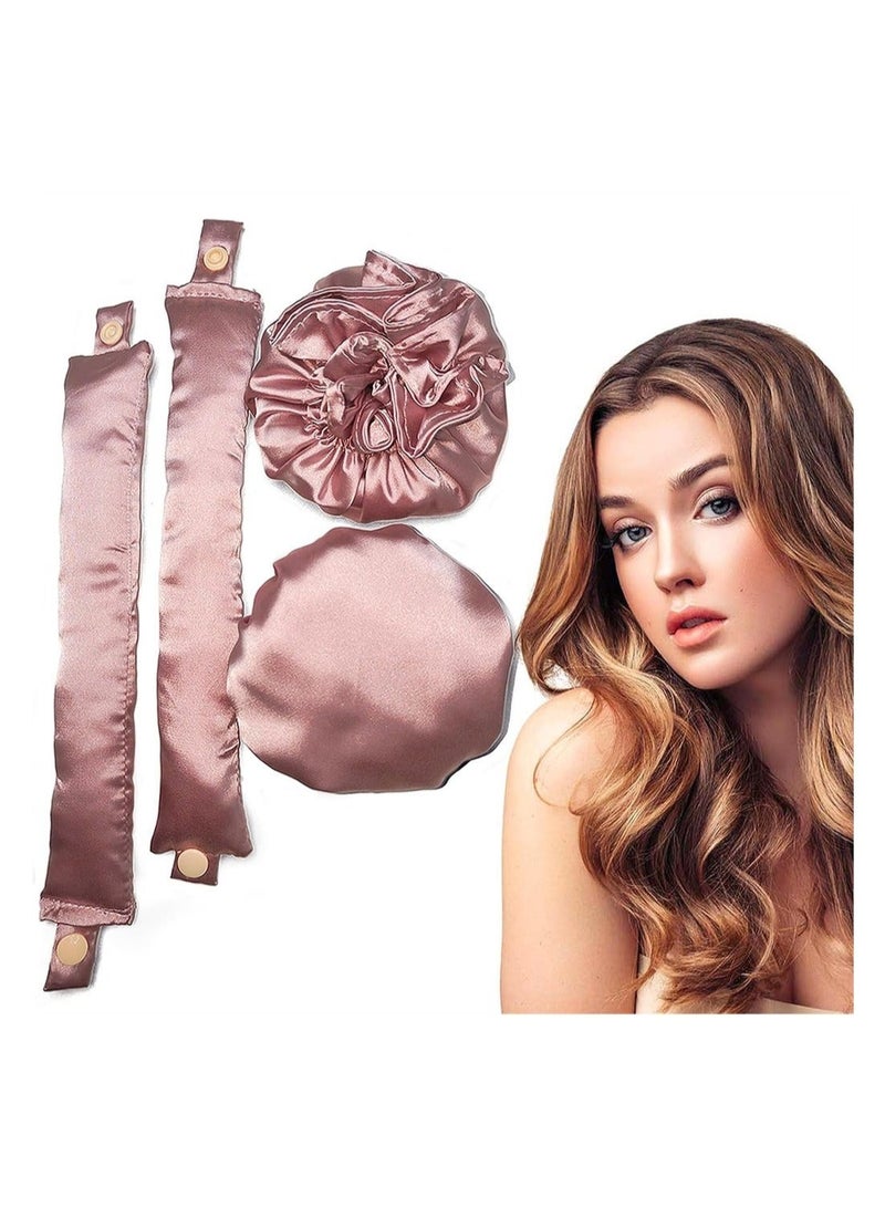 Satin Heatless Hair Curler 4 Pack Pillow Soft Rollers with Hair Caps Soft Heatless Curling Rod Headband for All Hair Types No Heat Curlers to Sleep, Overnight Heatless Curls Headband Pink