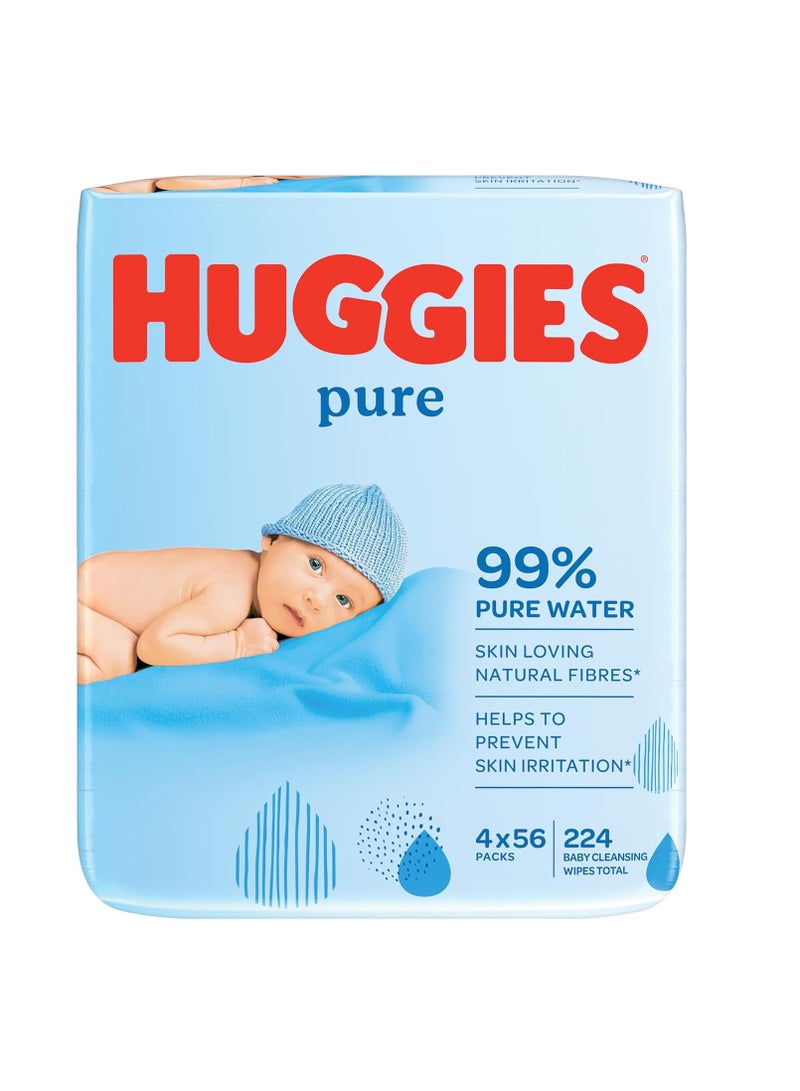 Pure Baby Wipes, 99% Pure Water Wipes, 4 Pack x 56 Wipes, 224 Count