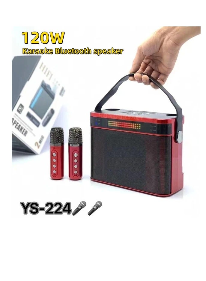 YS 224 Portable Wireless Bluetooth Karaoke Speaker Stereo Bass With Dual Microphones Red