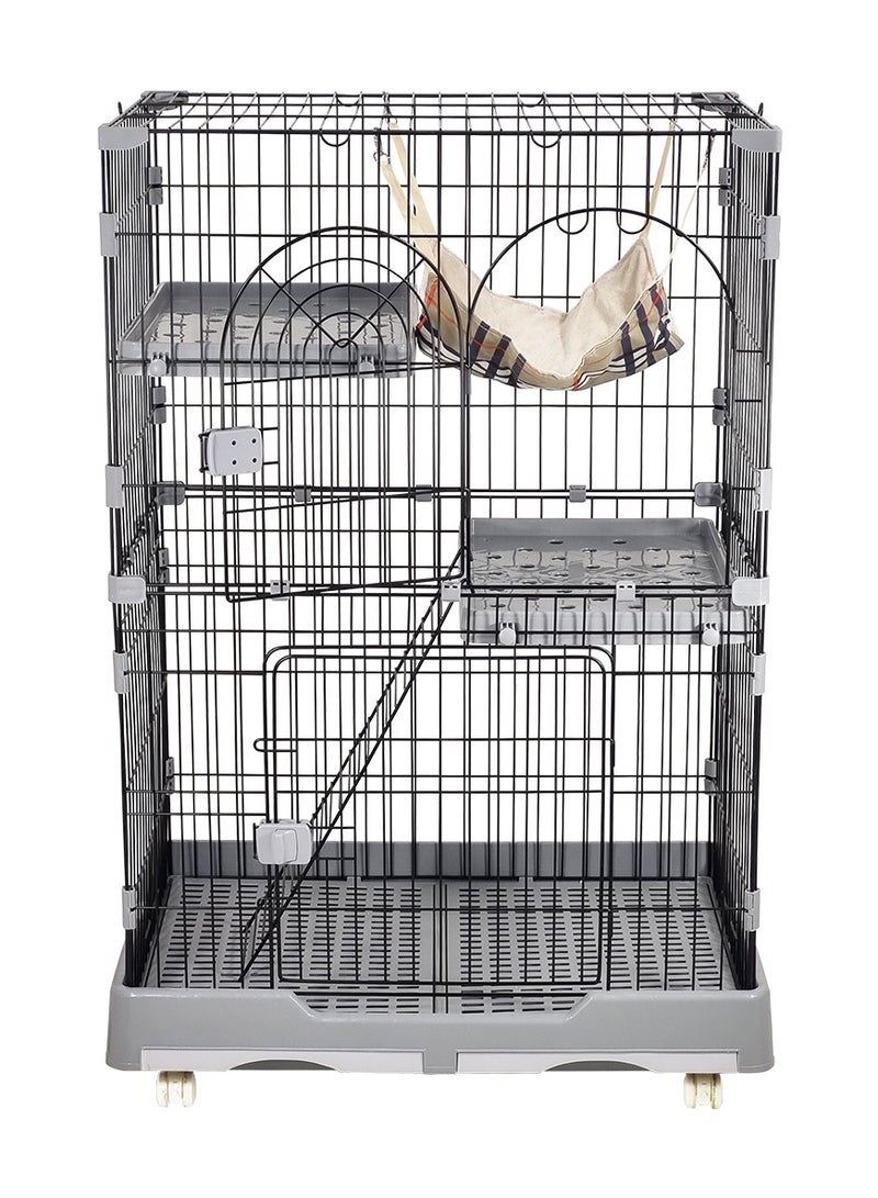 Cat cage with cozy Hammock, Wide floor, Removable tray, Ladder, and Universal wheels suitable for multiple cats, 2-Layers cat cage metal wire playpen 121 cm (Black/Grey)
