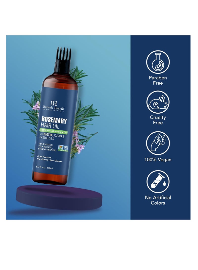 Botanic Hearth 100% Pure Rosemary Oil For Hair Growth Infused With Biotin | Hair Strenghtening Treatment | Nourishing & Volumizing | With Jojoba Oil & Castor Oil | Non GMO Verified | 6.7 fl oz