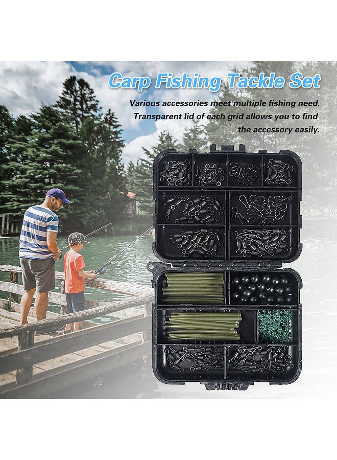Carp Fishing Kits Swivel Snaps Matte Black Quick Change Rolling Swivel Speed Links Anti-Tangle Sleeve Hook Stops Beads Screws Rigs with Fishing Accessories Box 300 PCS