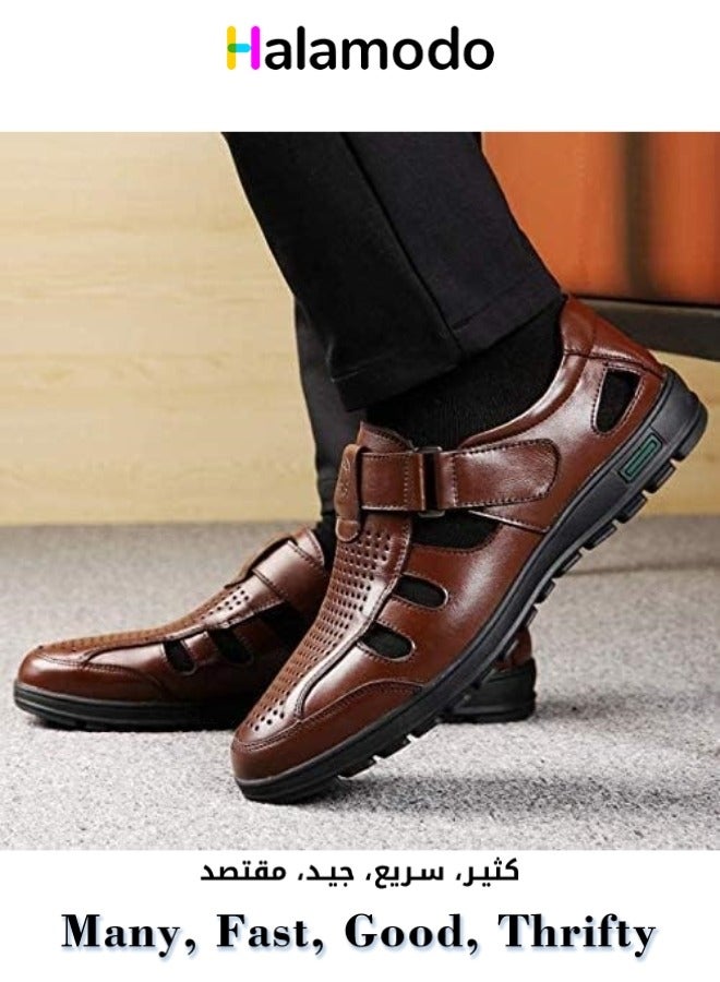 Casual Genuine Leather Shoes Hollow Breathable Sandals for Men Brown 42yards