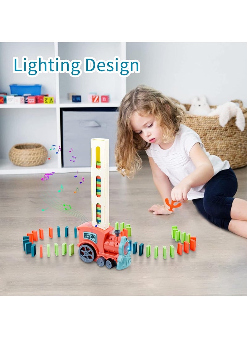 Domino Train Blocks Set, Electric Domino Train Toy with 80 Pcs Domino Blocks Automatic Domino Laying Train with Light and Sound Educational Construction and Stacking Toys for Boys Girls
