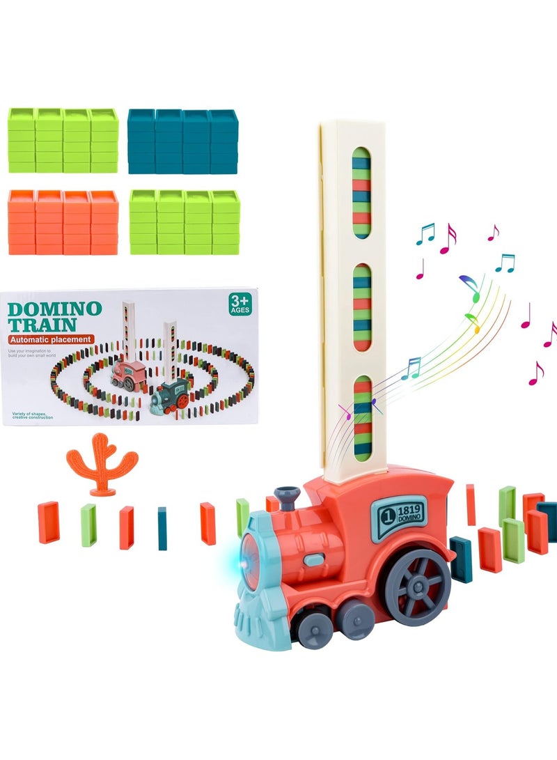 Domino Train Blocks Set, Electric Domino Train Toy with 80 Pcs Domino Blocks Automatic Domino Laying Train with Light and Sound Educational Construction and Stacking Toys for Boys Girls