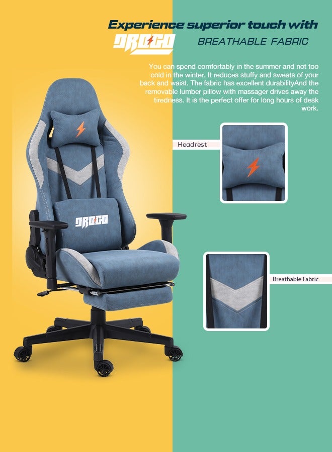 Drogo Ergonomic Gaming Chair with 7 Way adjustable Seat 3D Armrest Fabric Material Desk Chair Head USB Massager Lumbar Pillow Video Games Chair Home Office Chair with Full Recliner Back Footrest Blue