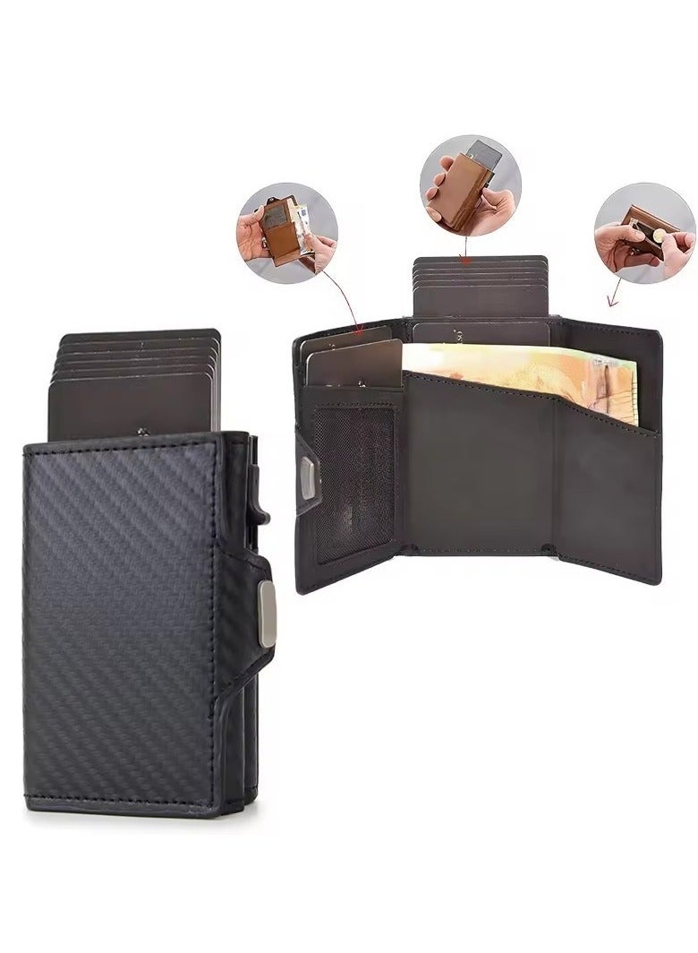 Slim Leather Wallet with ID Window, Coin Pocket and Card Slots, Carbon Fibre