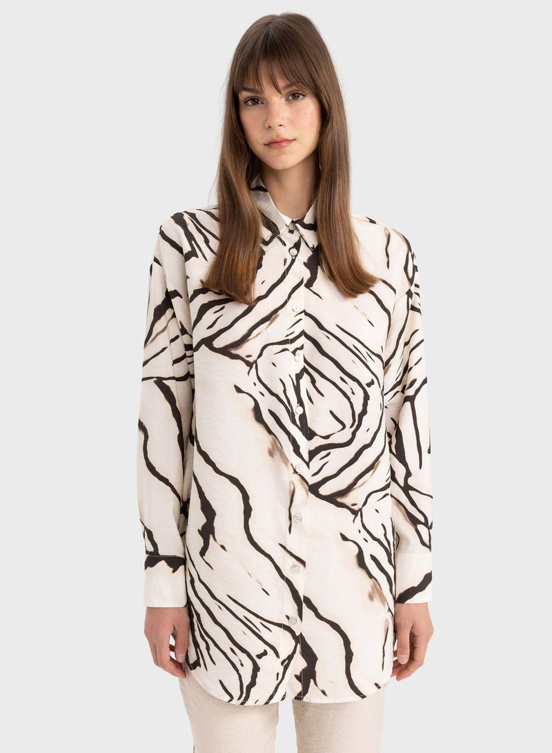 Relax Fit Shirt Collar Printed Long Sleeve Tunic