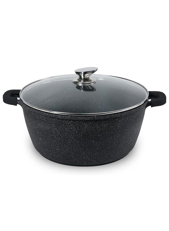Die Cast Aluminium Pot with Glass Lid and Stainless Steel Knob | 5 Layer Non-stick Coating | Metal Handle with Detachable Grip |Granite Black